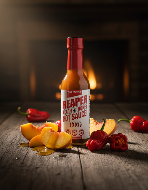Tear Factor Peach Reaper Tears Carolina Reaper Peach Honey Hot Sauce in dramatic setting