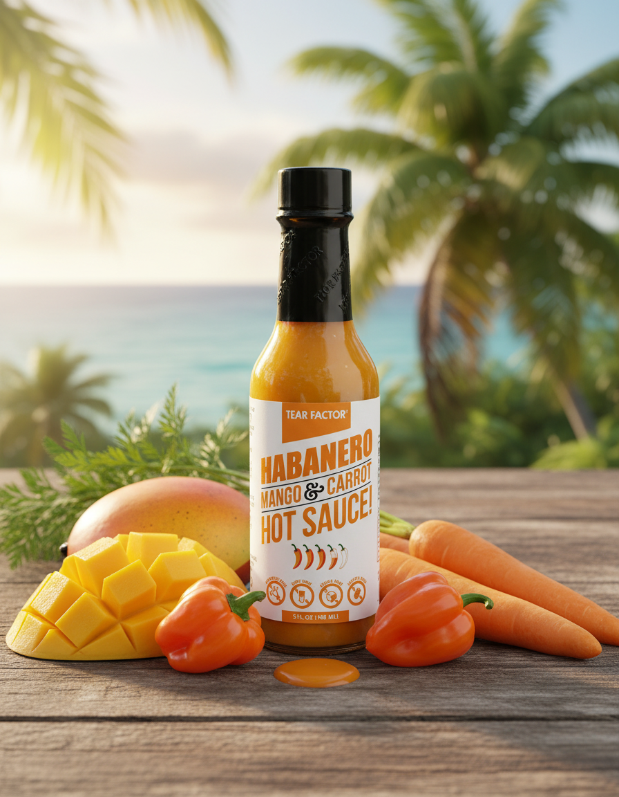 Tear Factor Tropical Tears Mango Habanero Carrot Hot Sauce in tropical setting